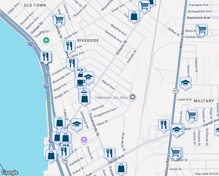 map of restaurants, bars, coffee shops, grocery stores, and more near 55 Albert Avenue in Buffalo