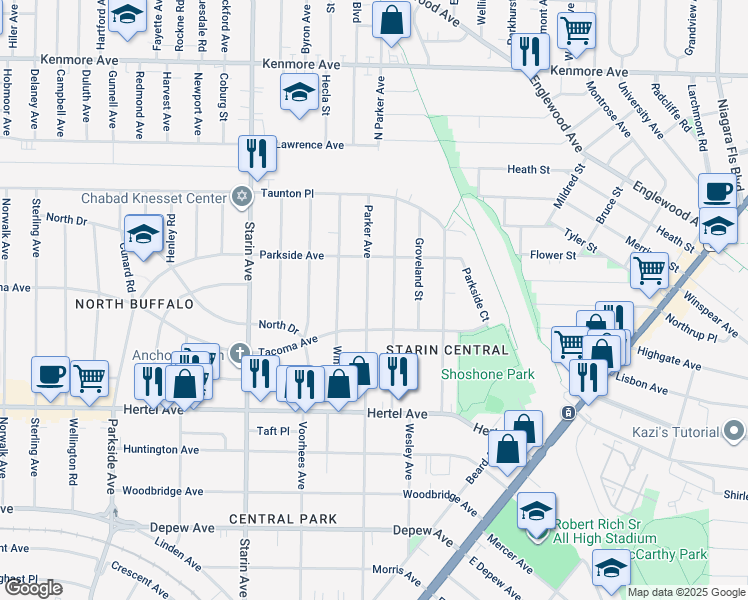 map of restaurants, bars, coffee shops, grocery stores, and more near 425 Parker Avenue in Buffalo