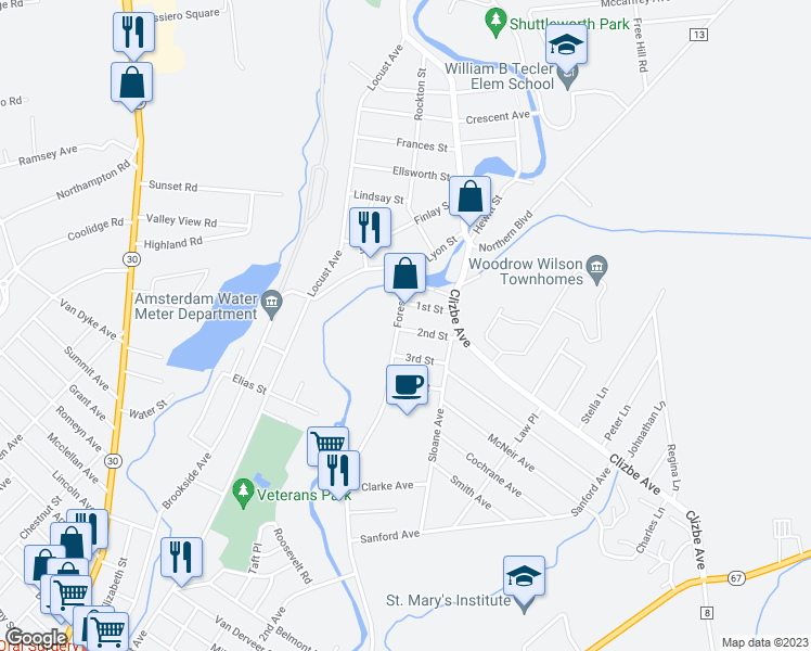 map of restaurants, bars, coffee shops, grocery stores, and more near 353-355 Forest Avenue in Amsterdam