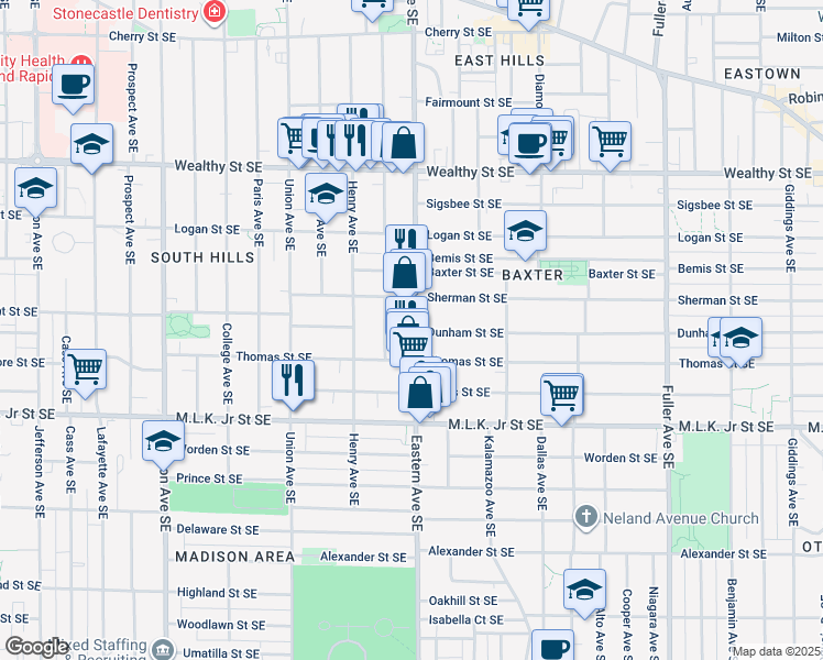 map of restaurants, bars, coffee shops, grocery stores, and more near 623 Eastern Avenue Southeast in Grand Rapids