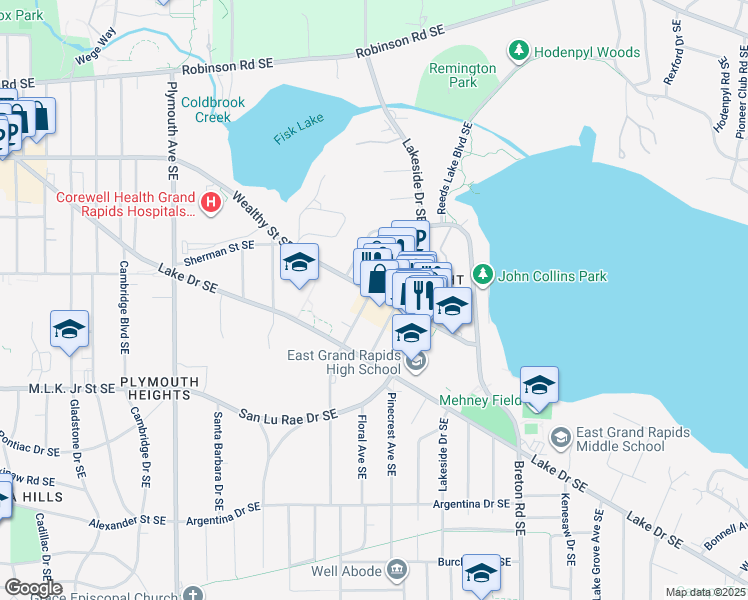 map of restaurants, bars, coffee shops, grocery stores, and more near 2128 Wealthy Street Southeast in Grand Rapids