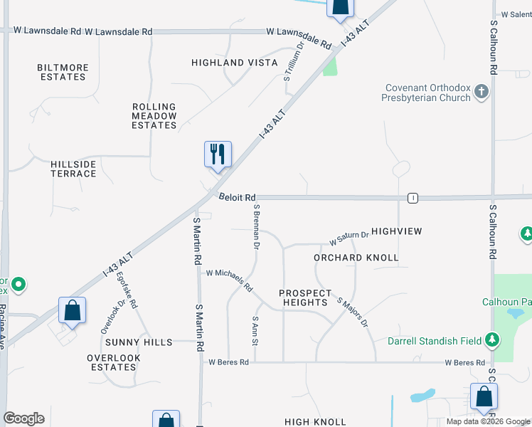 map of restaurants, bars, coffee shops, grocery stores, and more near 5120 South Brennan Drive in New Berlin