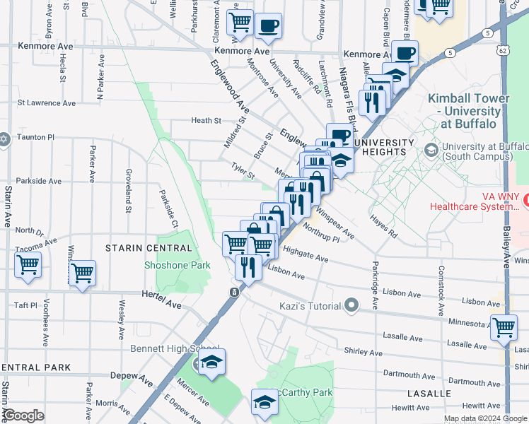 map of restaurants, bars, coffee shops, grocery stores, and more near 51 West Northrup Place in Buffalo