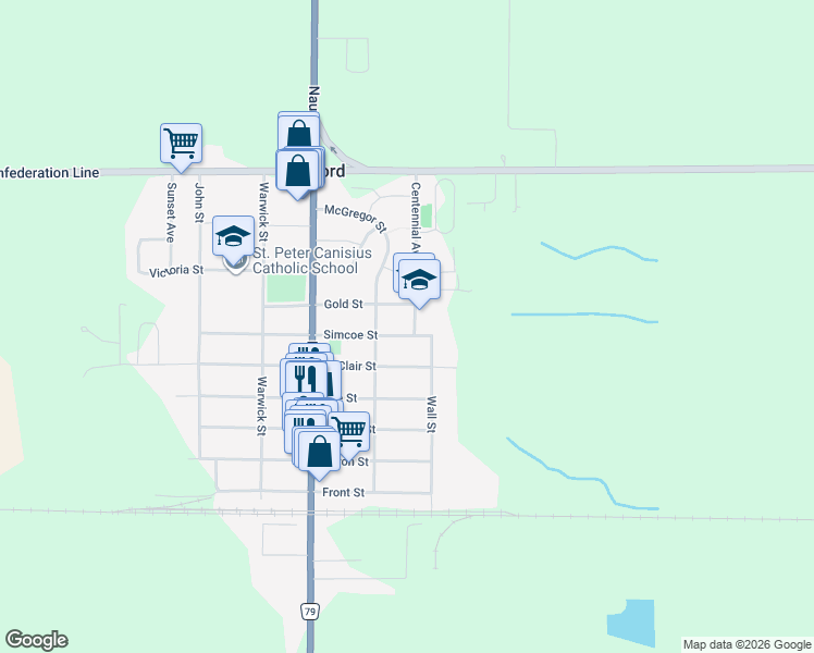 map of restaurants, bars, coffee shops, grocery stores, and more near 589 Simcoe Street in Watford