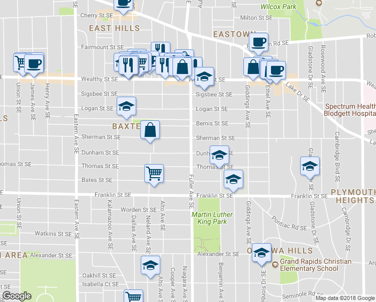 map of restaurants, bars, coffee shops, grocery stores, and more near 627 Fuller Avenue Southeast in Grand Rapids