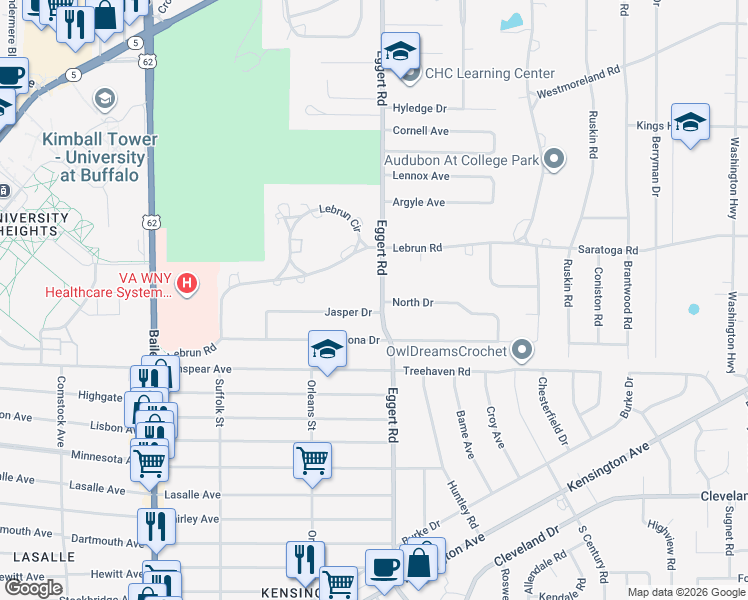 map of restaurants, bars, coffee shops, grocery stores, and more near 836 Eggert Road in Buffalo