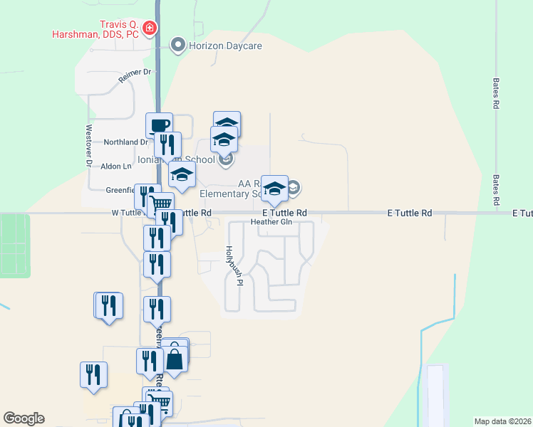 map of restaurants, bars, coffee shops, grocery stores, and more near 250 East Tuttle Road in Ionia