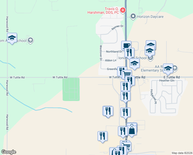 map of restaurants, bars, coffee shops, grocery stores, and more near 263 West Tuttle Road in Ionia