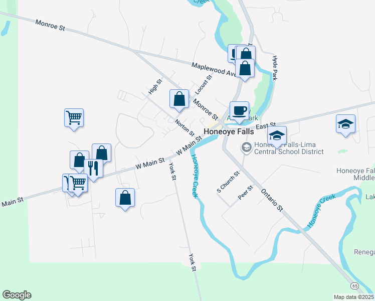 map of restaurants, bars, coffee shops, grocery stores, and more near 58 West Main Street in Honeoye Falls