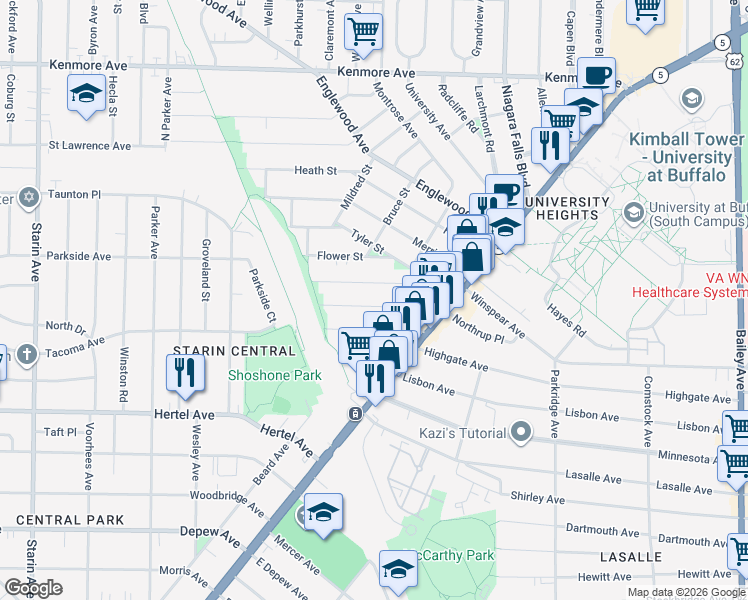 map of restaurants, bars, coffee shops, grocery stores, and more near 79 West Northrup Place in Buffalo