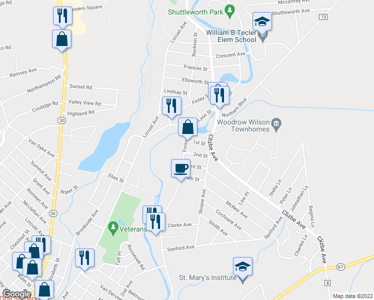 map of restaurants, bars, coffee shops, grocery stores, and more near 353-355 Forest Avenue in Amsterdam