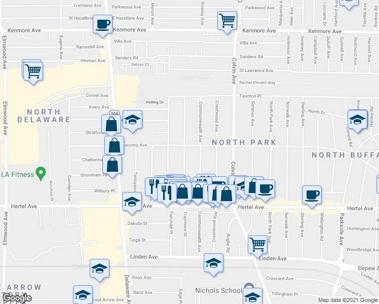 map of restaurants, bars, coffee shops, grocery stores, and more near in Buffalo