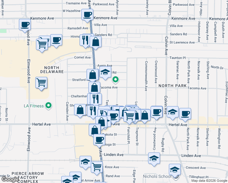 map of restaurants, bars, coffee shops, grocery stores, and more near 111 Tennyson Avenue in Buffalo
