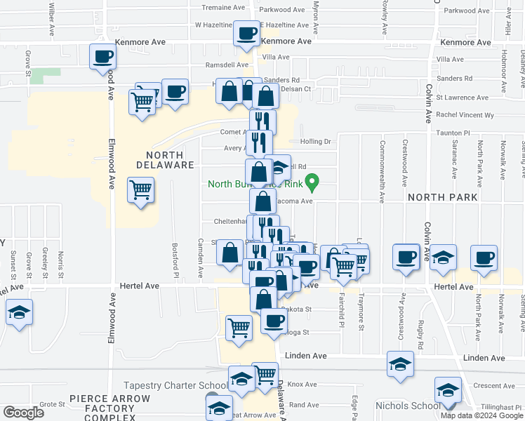 map of restaurants, bars, coffee shops, grocery stores, and more near 2455 Delaware Avenue in Buffalo