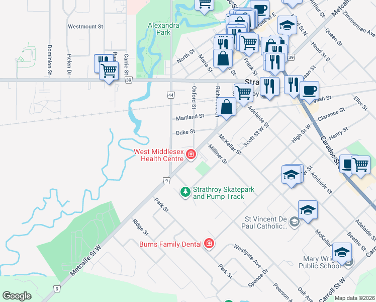 map of restaurants, bars, coffee shops, grocery stores, and more near 14 Oxford Street in Strathroy