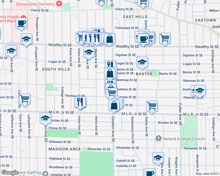 map of restaurants, bars, coffee shops, grocery stores, and more near 634 Charles Avenue Southeast in Grand Rapids