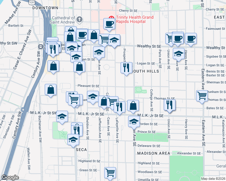 map of restaurants, bars, coffee shops, grocery stores, and more near 619 Lafayette Avenue Southeast in Grand Rapids