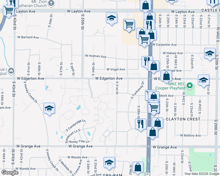 map of restaurants, bars, coffee shops, grocery stores, and more near 5148 King Arthurs Court South in Greenfield