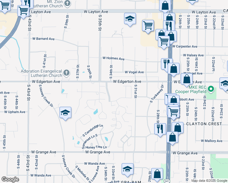 map of restaurants, bars, coffee shops, grocery stores, and more near 5200 South Tuckaway Boulevard in Greenfield