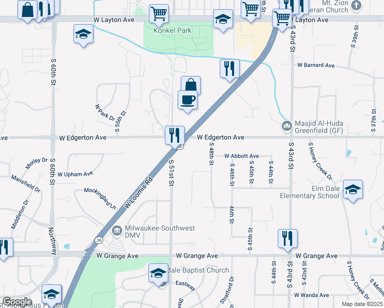 map of restaurants, bars, coffee shops, grocery stores, and more near 5153 South 48th Street in Greenfield