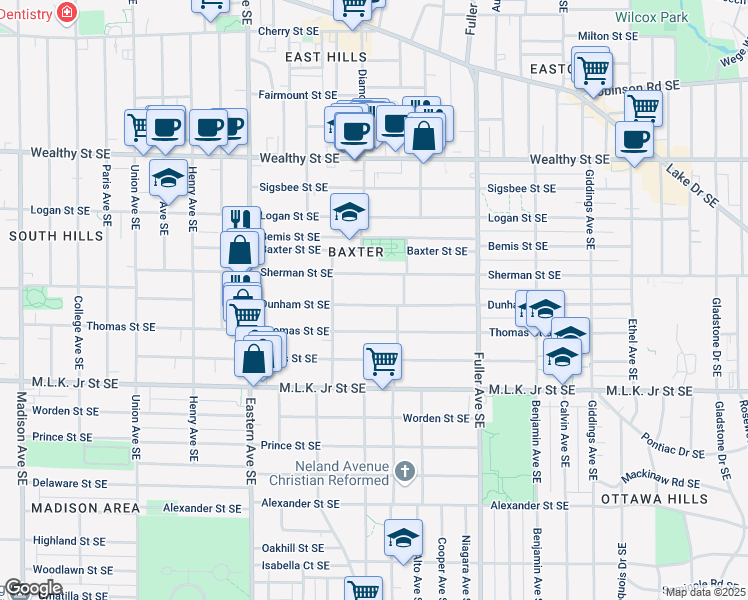 map of restaurants, bars, coffee shops, grocery stores, and more near 1009 Dunham Street Southeast in Grand Rapids