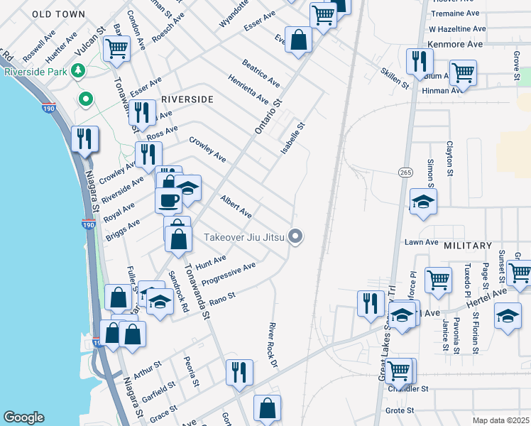 map of restaurants, bars, coffee shops, grocery stores, and more near 331 Riverside Avenue in Buffalo