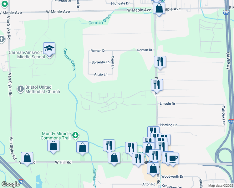 map of restaurants, bars, coffee shops, grocery stores, and more near 1115 Leisure Drive in Flint