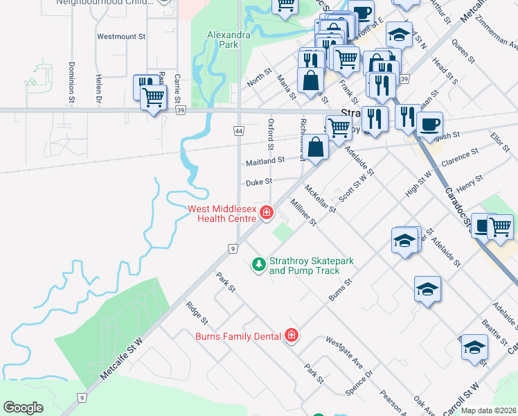 map of restaurants, bars, coffee shops, grocery stores, and more near 14 Oxford Street in Strathroy