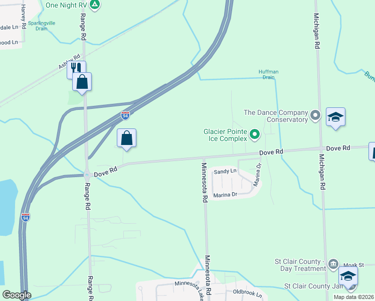 map of restaurants, bars, coffee shops, grocery stores, and more near 4296 Dove Road in Port Huron