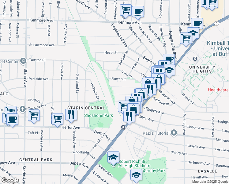 map of restaurants, bars, coffee shops, grocery stores, and more near 133 West Northrup Place in Buffalo