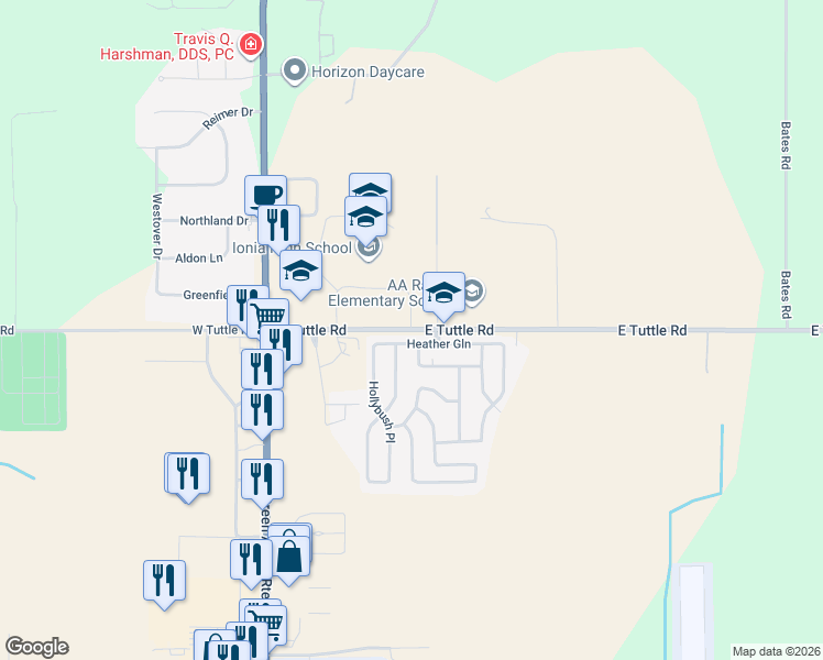 map of restaurants, bars, coffee shops, grocery stores, and more near 186 East Tuttle Road in Ionia