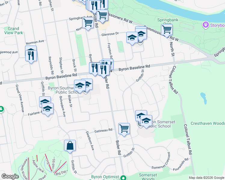 map of restaurants, bars, coffee shops, grocery stores, and more near 472 Boler Road in London