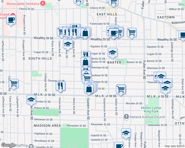 map of restaurants, bars, coffee shops, grocery stores, and more near 821 Dunham Street Southeast in Grand Rapids