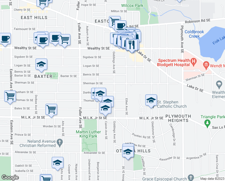 map of restaurants, bars, coffee shops, grocery stores, and more near 625 Giddings Avenue Southeast in Grand Rapids