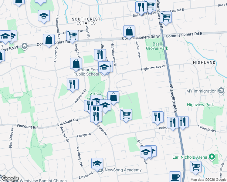 map of restaurants, bars, coffee shops, grocery stores, and more near 654 Viscount Road in London