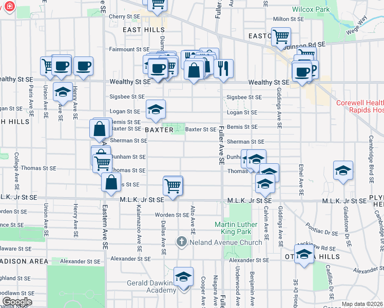 map of restaurants, bars, coffee shops, grocery stores, and more near 1061 Dunham Street Southeast in Grand Rapids