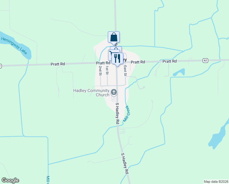 map of restaurants, bars, coffee shops, grocery stores, and more near 3620 Hadley Road in Hadley