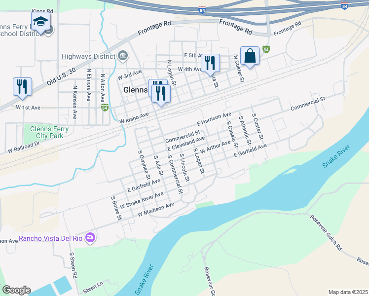 map of restaurants, bars, coffee shops, grocery stores, and more near 211 East Cleveland Avenue in Glenns Ferry