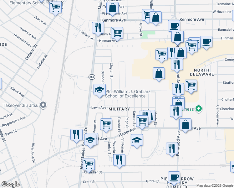 map of restaurants, bars, coffee shops, grocery stores, and more near 75 Race Street in Buffalo