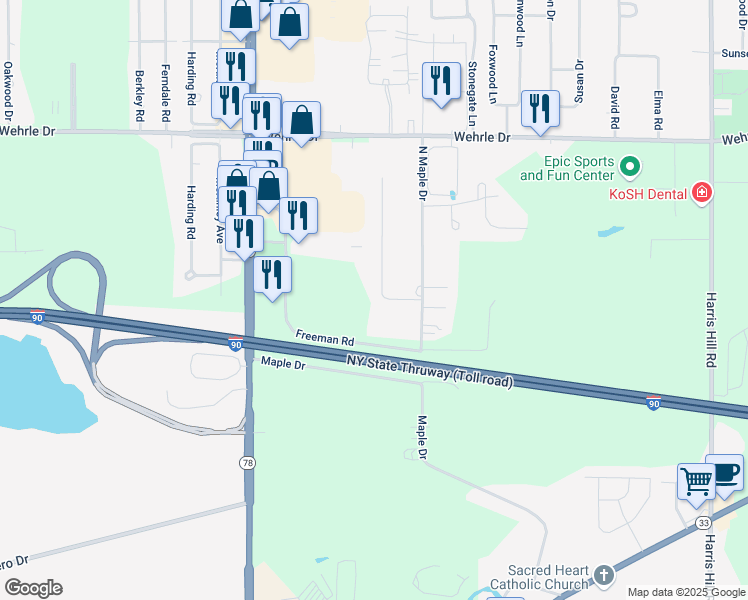 map of restaurants, bars, coffee shops, grocery stores, and more near 10 Wainwright Court in Buffalo
