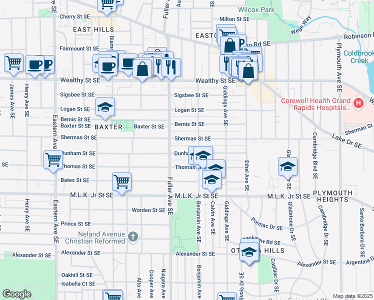 map of restaurants, bars, coffee shops, grocery stores, and more near 1235 Dunham Street Southeast in Grand Rapids