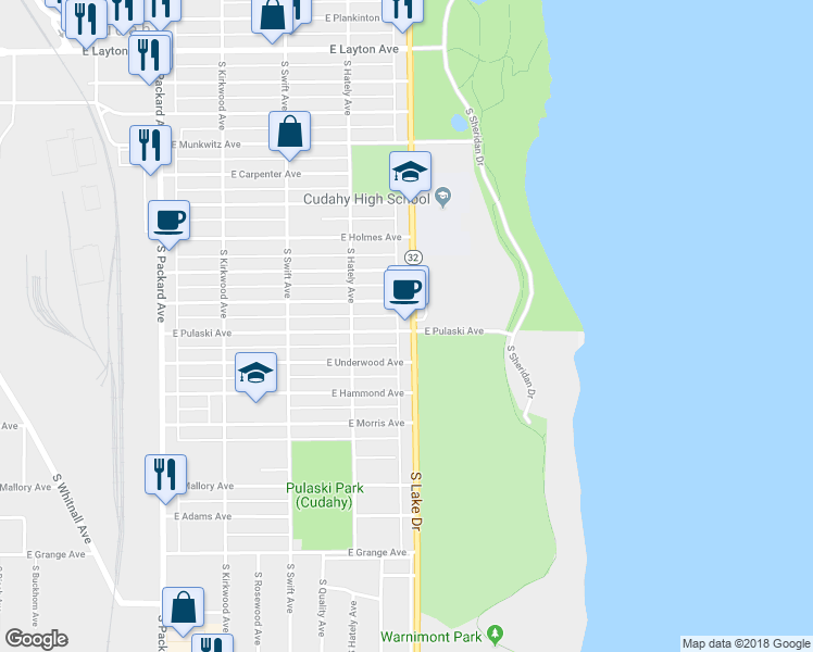 map of restaurants, bars, coffee shops, grocery stores, and more near 5133 South Lake Drive in Cudahy