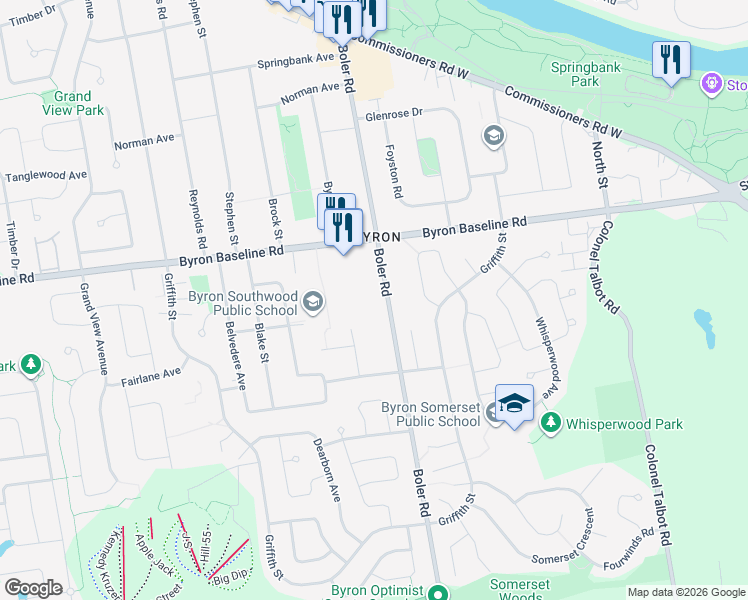 map of restaurants, bars, coffee shops, grocery stores, and more near 465 Boler Road in London