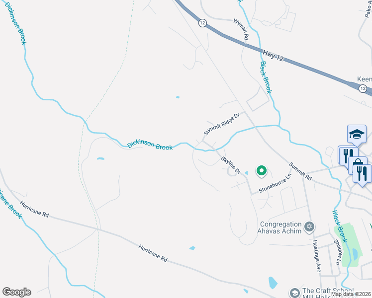 map of restaurants, bars, coffee shops, grocery stores, and more near 65 Summit Ridge Drive in Keene