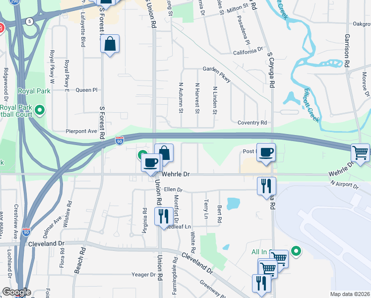 map of restaurants, bars, coffee shops, grocery stores, and more near 68 South Harvest Street in Buffalo