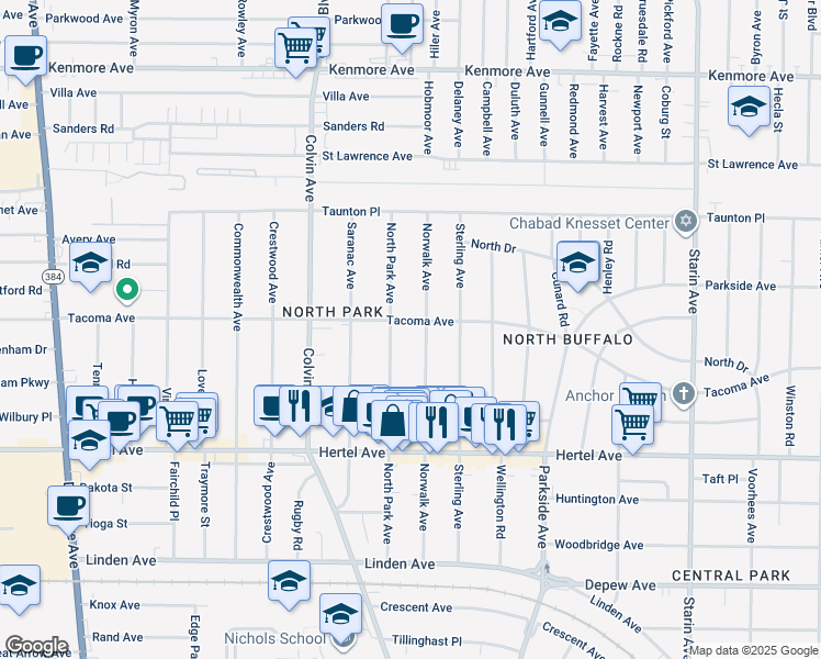 map of restaurants, bars, coffee shops, grocery stores, and more near 232 Norwalk Avenue in Buffalo