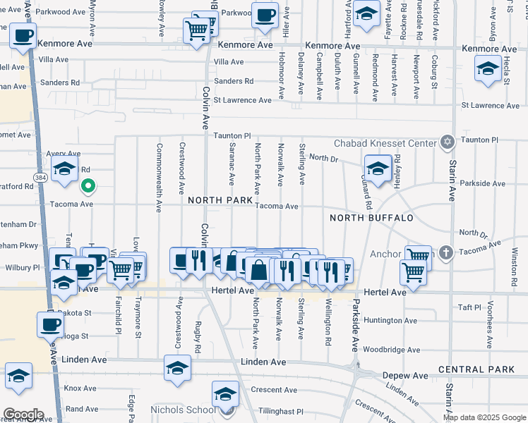 map of restaurants, bars, coffee shops, grocery stores, and more near 232 Norwalk Avenue in Buffalo