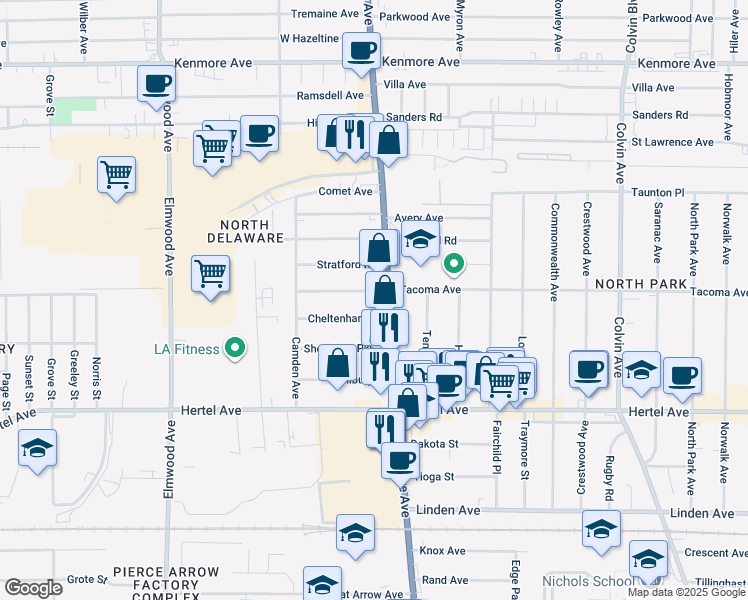 map of restaurants, bars, coffee shops, grocery stores, and more near 25 Cheltenham Drive in Buffalo