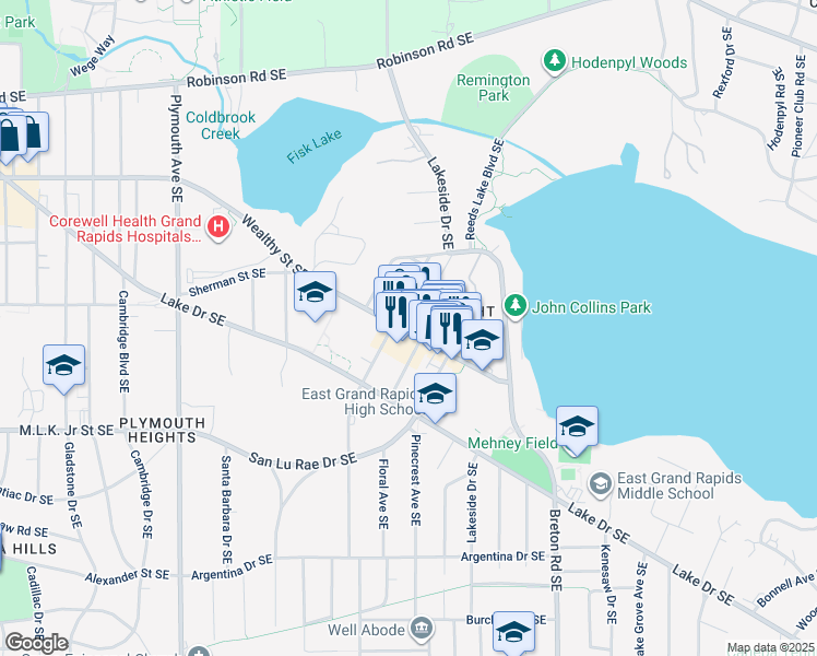 map of restaurants, bars, coffee shops, grocery stores, and more near 2128 Wealthy Street Southeast in Grand Rapids