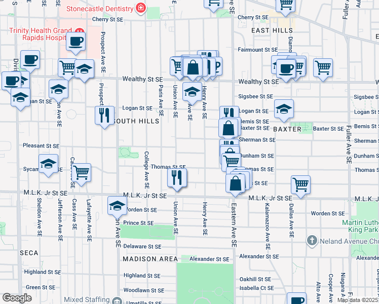 map of restaurants, bars, coffee shops, grocery stores, and more near 630 Pleasant Street Southeast in Grand Rapids